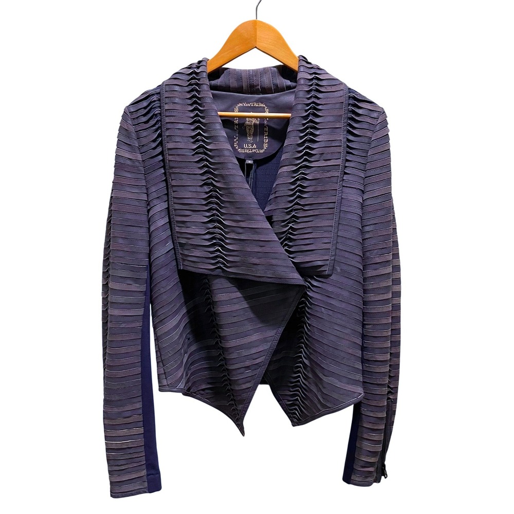 My Tribe Moto Slit Drape Front Jacket‎ Women's Blue Waterfall Collar Medium